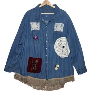 Denim Button-Up Upcycled Shirt Handcrafted Embellishments Boho Western Cotton 3X